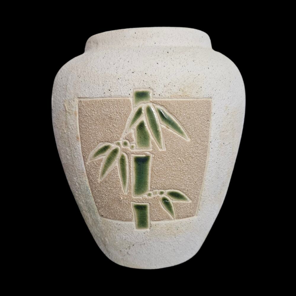 Vintage Asian Style Art Pottery Bamboo Relief Vase Textured Ceramic